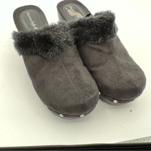 American Eagle Sz 10M Black Faux Suede Fur Trim Wedge Heel Clogs Slip On Shoes - Picture 6 of 9